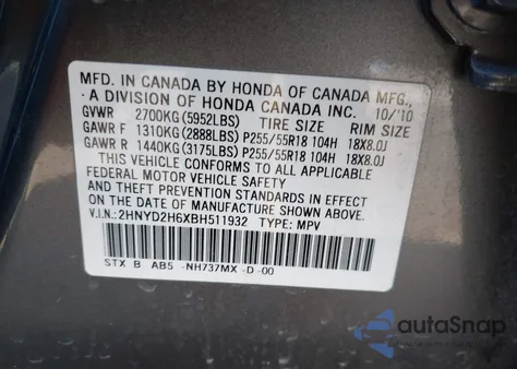 2011 Acura Mdx Technology Package z USA, uszkodzony, nr VIN 2HNYD2H6XBH511932